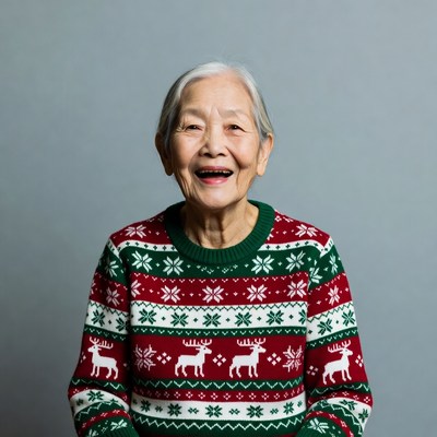 Elderly Asian woman in Christmas sweater