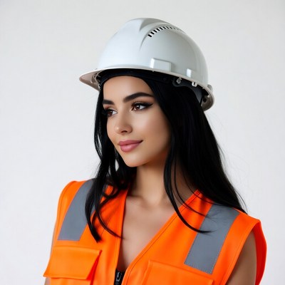 Woman in orange safety vest and hard hat