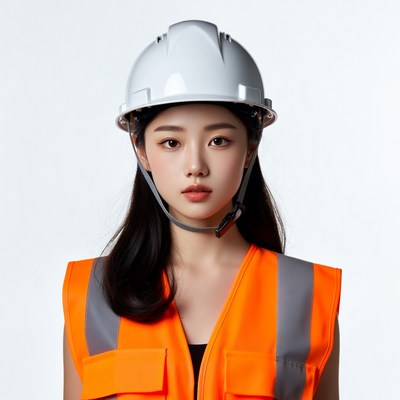 Asian woman in hard hat and vest