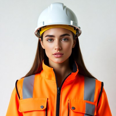 Woman in yellow hard hat and orange vest