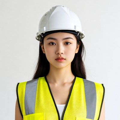 Asian woman in hard hat and vest