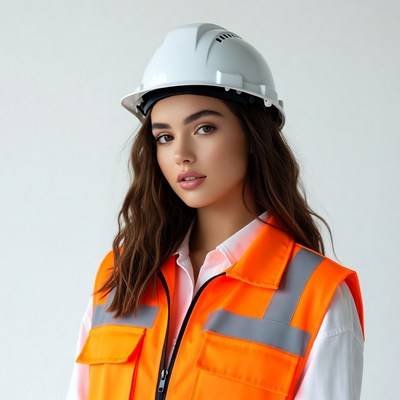 Woman in orange safety vest and hard hat