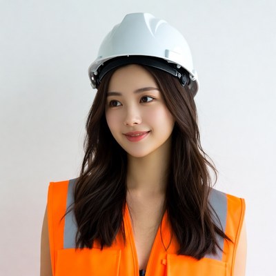 Asian woman in hard hat and vest