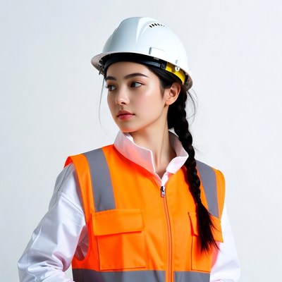 Asian woman in hard hat and vest