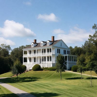 White Antebellum Mansion in Lush Green Landscape