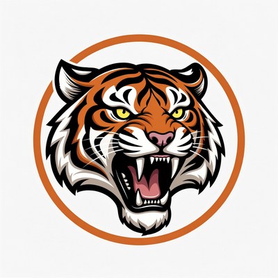 Roaring tiger head in orange circle