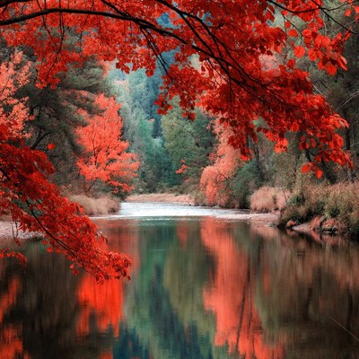 Autumn River with Red Maple Trees