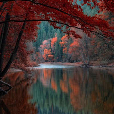Autumn Forest Framing Calm River