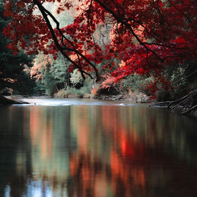 Autumn Red Maple Trees Over River