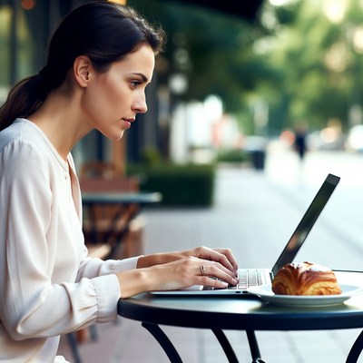 Woman working on laptop at outdoor cafe