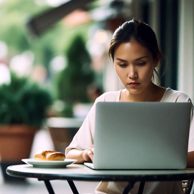 Asian woman working on laptop at cafe