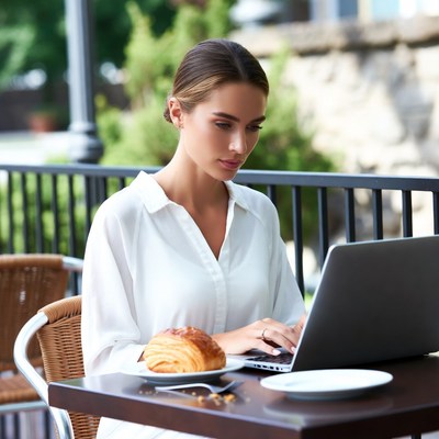 Woman working on laptop at outdoor cafe