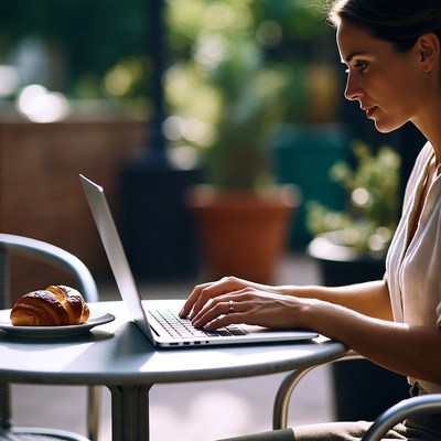 Woman working on laptop outdoors