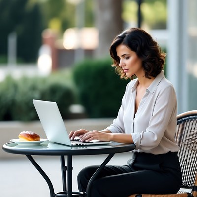 Woman working on laptop at outdoor cafe