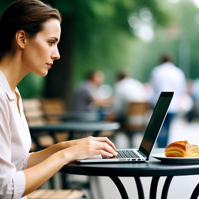 Woman working on laptop at outdoor cafe
