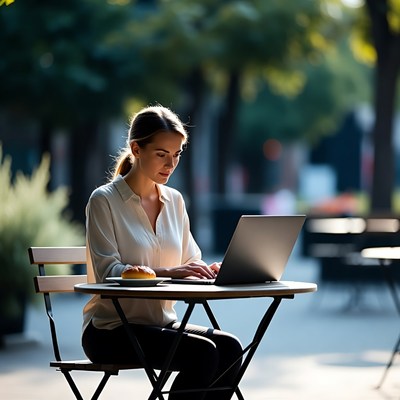 Woman working on laptop at outdoor cafe