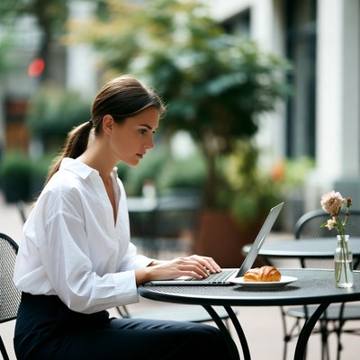 Woman working on laptop at outdoor cafe