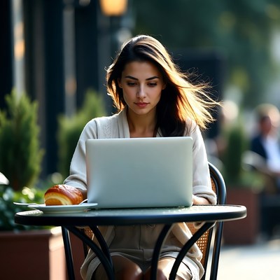 Woman working on laptop at outdoor cafe