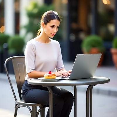 Woman working on laptop at outdoor cafe