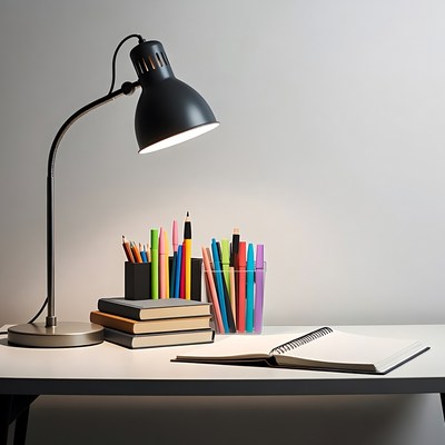 Desk Lamp with Colored Pencils and Books