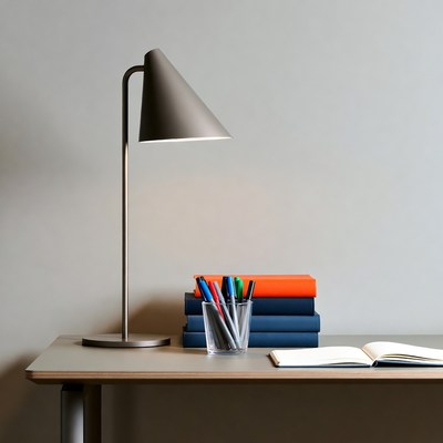 Desk with Lamp Books and Colored Pens
