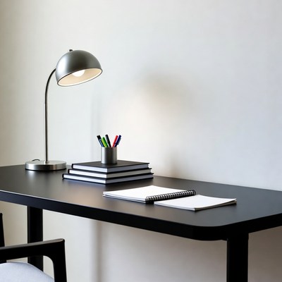 Desk with Lamp Notebooks and Pens