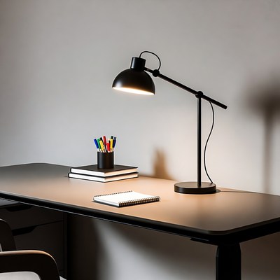 Black Desk Lamp with Notebooks and Pens