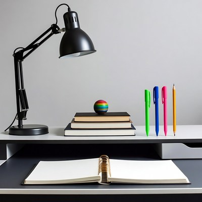 Desk with Lamp, Books, Pens, Rainbow Ball