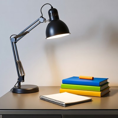 Black desk lamp with colorful books