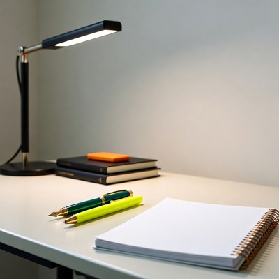 Desk with lamp books pens notebook