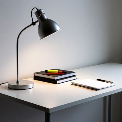 Desk Lamp with Books and Notebook