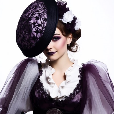 Woman in Victorian purple hat