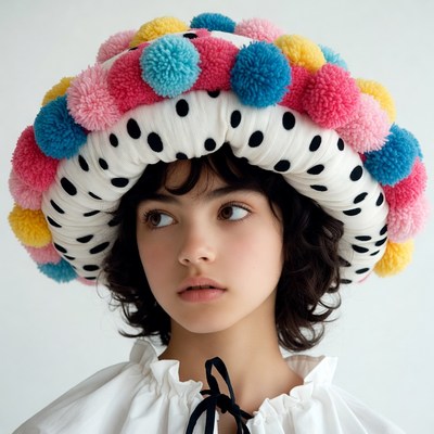 Girl wearing colorful pom pom hat
