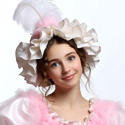 Girl in pink ruffled dress and feathered hat