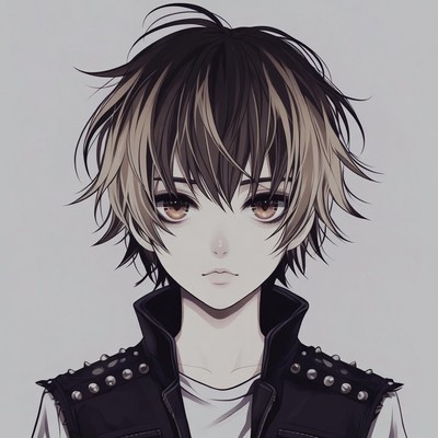 Anime boy with messy hair and spiked vest
