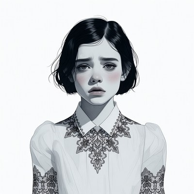 Sad girl in lace collar dress