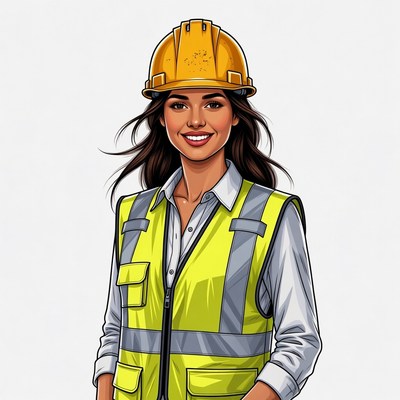 Smiling Latina woman in hard hat and vest