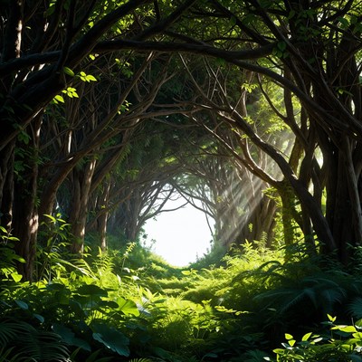 Sunlit Tree Tunnel in Lush Forest