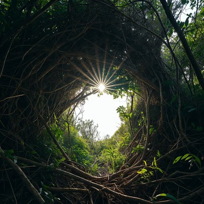 Sunlight Through Dense Green Vines Arch