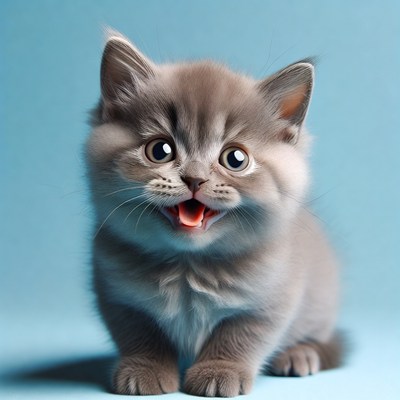 Cute gray kitten yawning on blue background