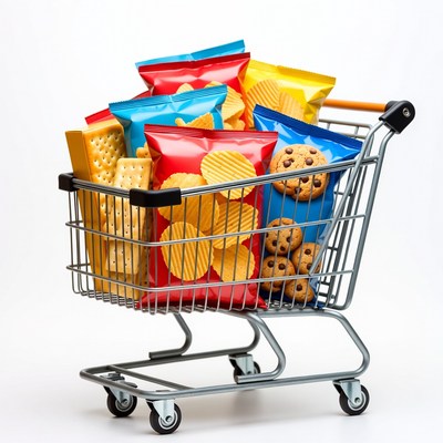 Shopping Cart Filled with Snack Bags