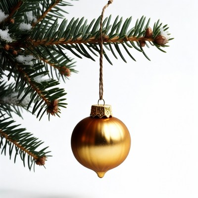 Gold Christmas ornament on snowy fir branch