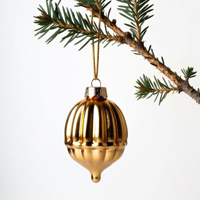Gold Christmas ornament on pine branch