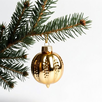 Gold Christmas ornament on fir branch