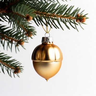 Gold acorn ornament on Christmas tree