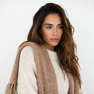 Woman in white sweater with scarf