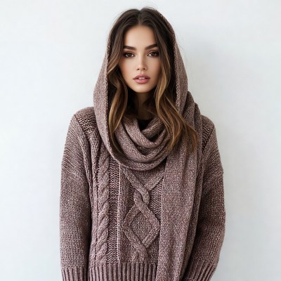 Woman in Hooded Cable Knit Sweater