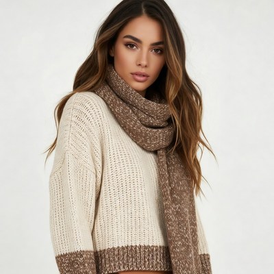 Woman in beige sweater and brown scarf