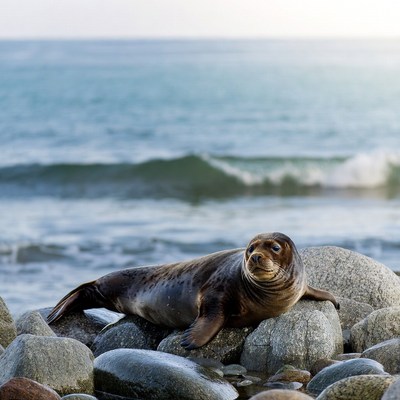 Harbor seal on beach rocks