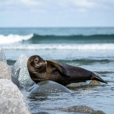 Seal resting on rocks by ocean
